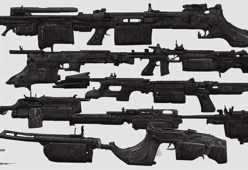 Prompt: game asset reference of firearms, digital art, by brad allen, handguns, rifles, rocket launchers, rail - gun, apex legends, handguns, reference images ( front, side, top ) artstation, unreal engine