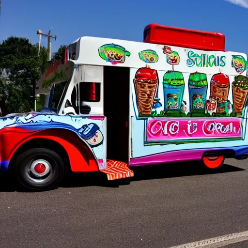 Image similar to the ice cream truck from hell is coming to kill you