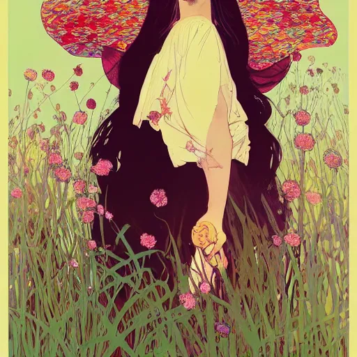 Prompt: a beautiful painting of a girl in a field of flowers by andy warhol and conrad roset and alphonse mucha and nekro and greg rutkowski. colorful comic, film noirs, symmetry, sharp lines, hyper detailed. octane render. trending on artstation