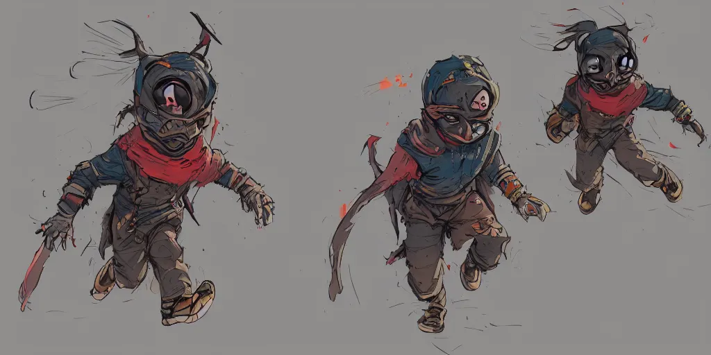 Image similar to cartoonish little masked child running, vivid colors, character sheet, fine details, concept design, contrast, kim jung gi, greg rutkowski, trending on artstation, 8 k, full body, turnaround, front view, back view, ultra wide angle