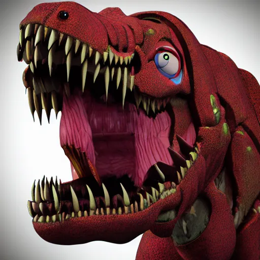 Prompt: an illustration of a t-rex as a fnaf animatronic, photorealistic, octane render