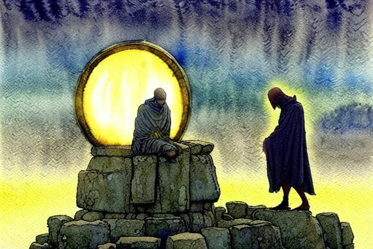 Prompt: a realistic and atmospheric watercolour fantasy concept art of a golden ufo landing on top of stonehenge. a giant medieval monk in grey robes on his knees praying. muted colors. by rebecca guay, michael kaluta, charles vess and jean moebius giraud