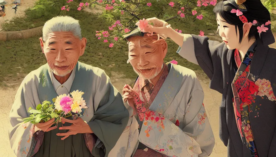 Image similar to old japanese man giving flower to his wife, sunny day, japanese village, mange style, hyperdetailed, artstation, cgsociety, 8 k