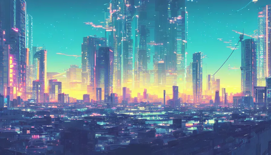 Image similar to beautiful anime synthwave cityscape by makoto shinkai