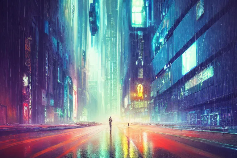 Image similar to futuristic city slow exposure, rain like a dream, oil painting, cinematic, surreal, dramatic, otherworldly, dreamlike, soft volumetric lighting, cyberpunk, basquiat + moebius + francis bacon + gustav klimt + beeple, elevated street art, fantasy lut, textural,