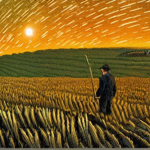 Image similar to a farmer standing on the fields of barley looking at the stars through telescope by H.P. Lovecraft, 8k, epic scene, concept art