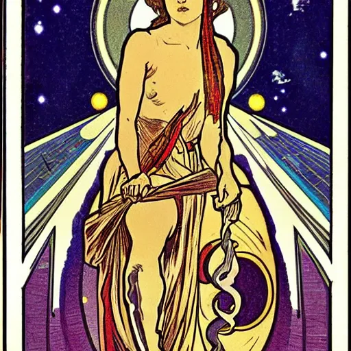 Image similar to Tarot card about solar system, Alphonse Mucha