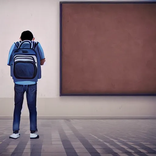 Image similar to cinematic hyperrealism style masterpiece where a student appears with his backpack happy at school