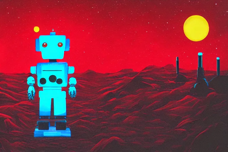 Image similar to a robot standing on mars in the style of flooko, acrylic art, detailed, moonlight, red lighting, bokeh, synthwave, psychedelic, glitch, neon,