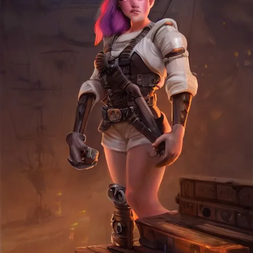 Image similar to muscular beautiful female gnome engineer with pixie undercut hair, one prosthetic robot arm, standing on a ship deck, full body portrait, dark fantasy, naval background, D&D, piercing stare, highly detailed, digital painting, HD, ArtStation, great composition, concept art, matte, sharp focus, illustration, in the style of Greg Rutkowski, joyful 4k