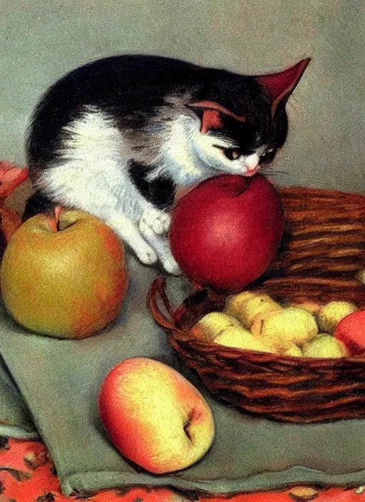 Prompt: vintage beautiful painting of a cat eating apples grapes and pears in Mary Cassatt style