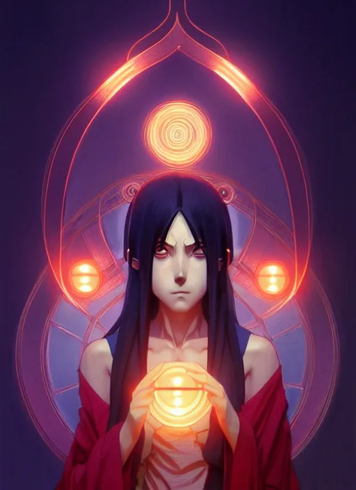 Image similar to symmetry!! itachi, glowing lights!! intricate, elegant, highly detailed, digital painting, artstation, concept art, smooth, sharp focus, illustration, art by artgerm and greg rutkowski and alphonse mucha