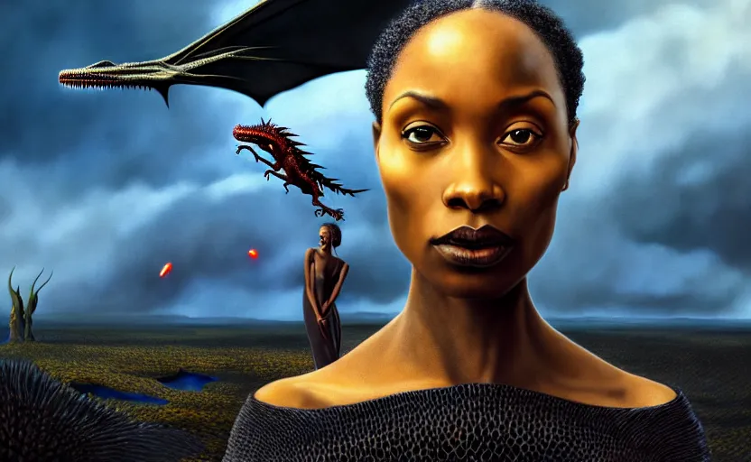 Image similar to realistic detailed photorealistic film portrait shot of a beautiful black woman with, sci-fi landscape with a drogon on background by Denis Villeneuve, Amano, Yves Tanguy, Alphonse Mucha, Ernst Haeckel, Andrei Tarkovsky, Edward Robert Hughes, Roger Dean, rich moody colours, wide angle, blue eyes