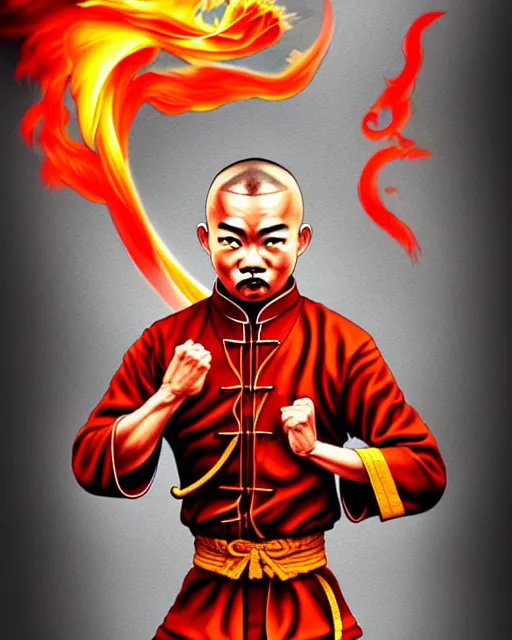 Prompt: richly detailed color illustration of a shaolin-fire-fighter-cop-kung-fu illustrated by Artgerm and Timothy Kong . 3D shadowing