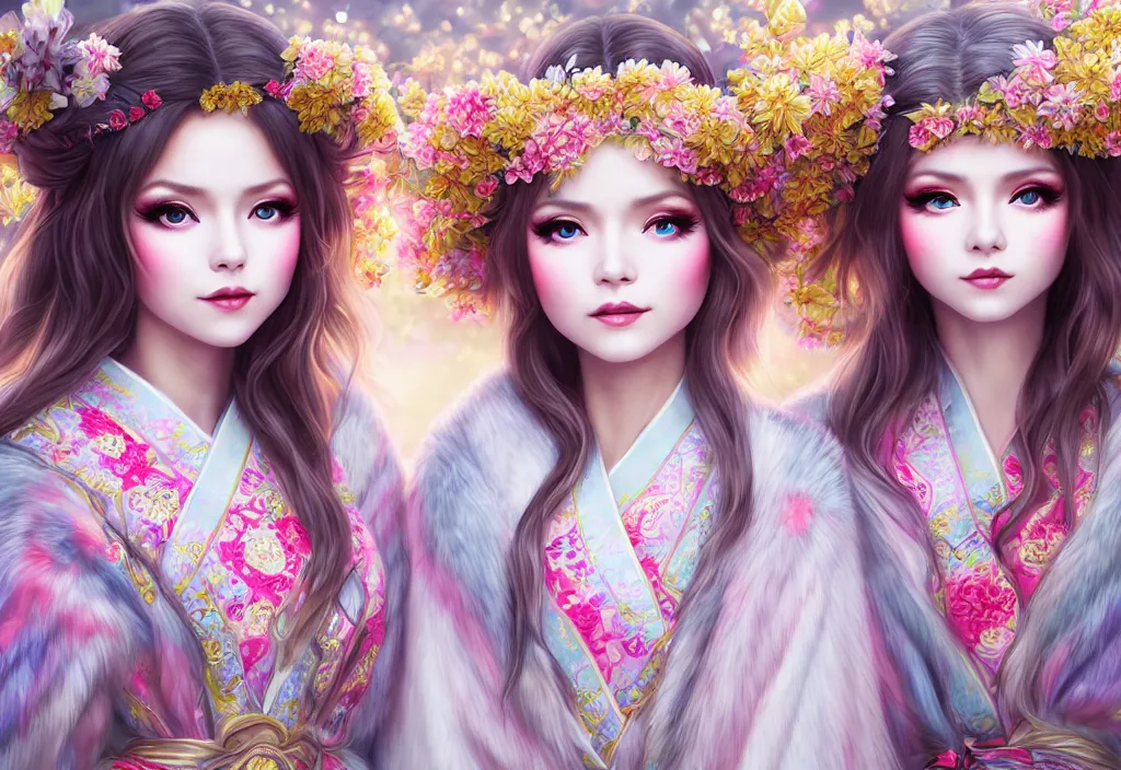 Image similar to two beautiful fashion siberian girls wear fantasy kimono in festival | | big eyes, sunny, dreamlike art, realistic shaded, smile, good looking, hyper details, 4 k realistic, cryengine, realistic shaded lighting poster by artgerm, ross tran, fuji choko, loish, 8 k resolution, trending on artstation, luxury