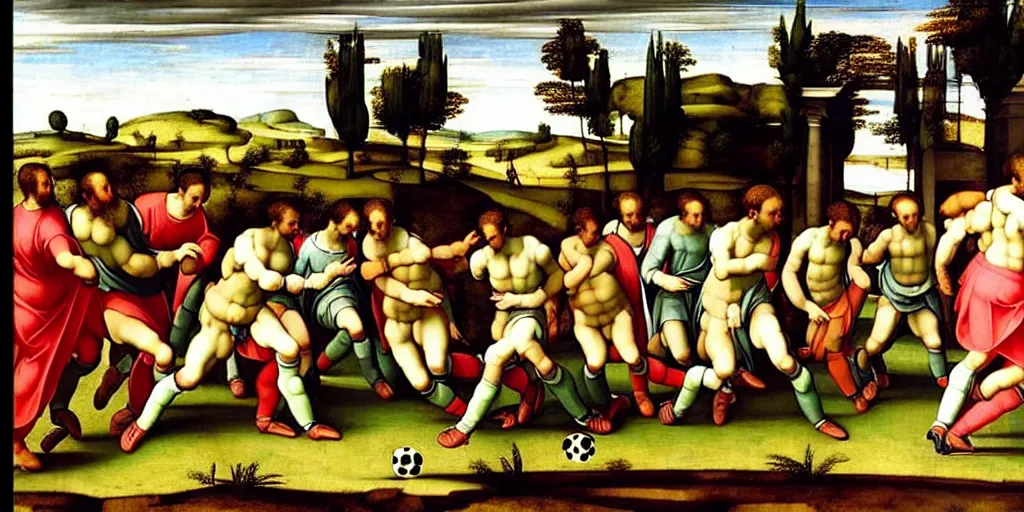 Prompt: “people in ancient greece playing soccer in a grass field, renaissance painting by Michelangelo, 8k, hyperdetailed, ultra detail, UHD, high quality”
