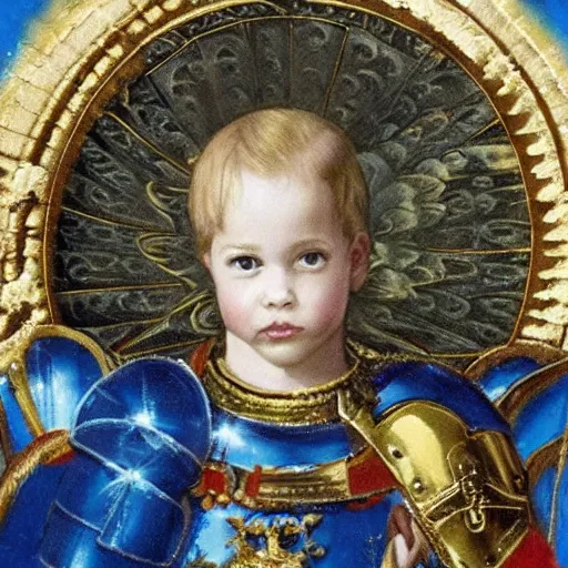 Image similar to prince william wearing knight's armor with heavenly angels surrounding him
