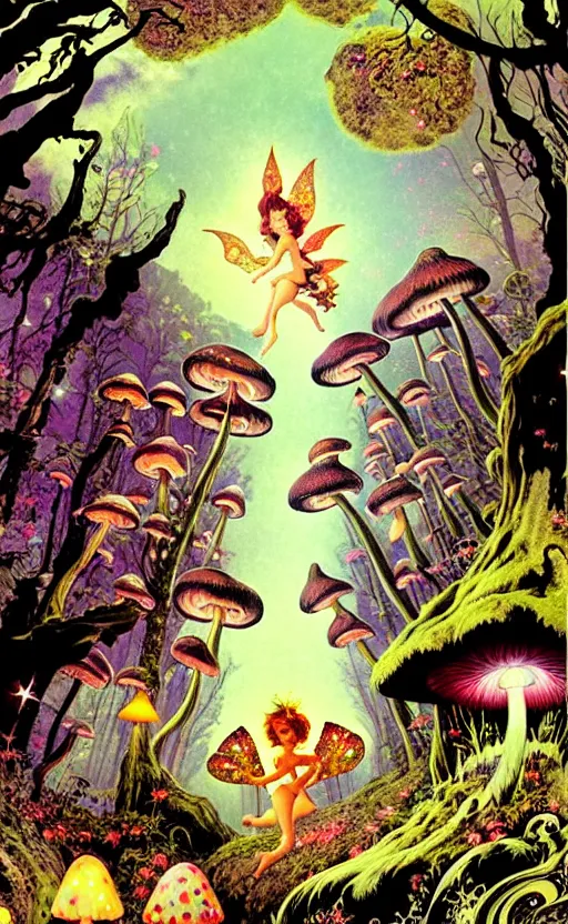 Image similar to stars in the sky, fairies with detailed faces, enchanted forest, mushrooms on the ground, psychedelic, wide angle shot, white background, vector art, illustration by frank frazetta