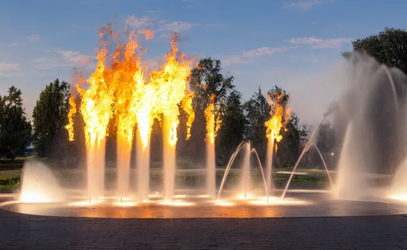 Image similar to a beautiful photo of a roundabout with an italian sculptural fountain shooting fire instead of water, sunset lighting, intricate detail, photorealistic