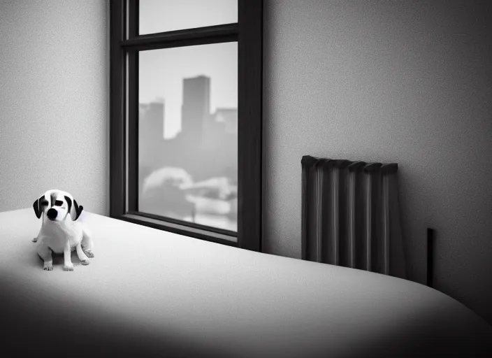 Image similar to photography of a Jack Russel . watching outside the window. on a bed. in a white room. octane render,volumetric light, volumetric fog, photorealistic,, award winning photo, 100mm, sharp, cloth, high res