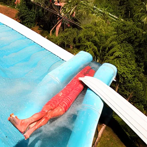 Prompt: raw chicken meat sliding down a waterslide