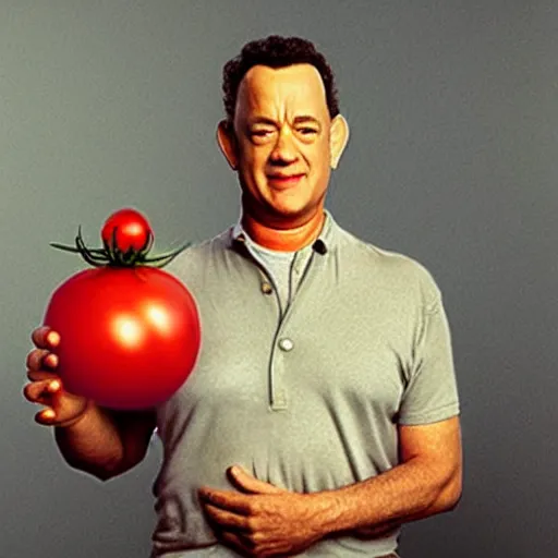 Prompt: tom hanks as a tomato, looks like a tomato