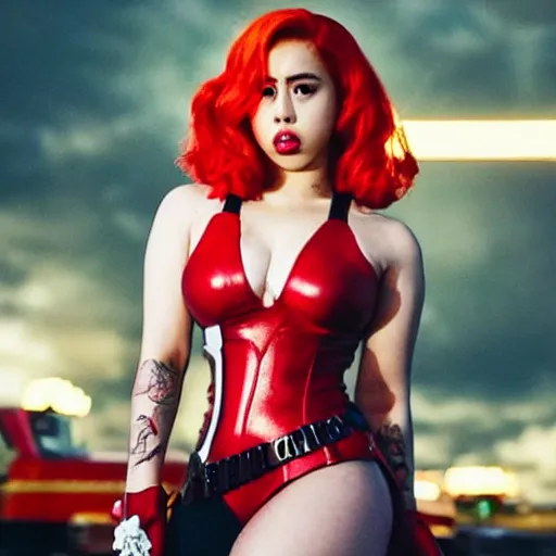 Image similar to Singer Kali Uchis as White as Marvel's Black Widow, red hair, excellent composition, cinematic atmosphere, precise facial anatomy, dynamic dramatic cinematic lighting, precise correct anatomy, aesthetic, very inspirational, grindhouse