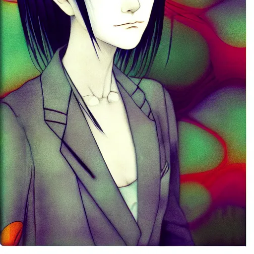 Prompt: yoshitaka amano blurred and dreamy realistic three quarter angle portrait of a young woman with black eyes wearing dress suit with tie, junji ito abstract patterns in the background, satoshi kon anime, noisy film grain effect, highly detailed, renaissance oil painting, weird portrait angle, blurred lost edges