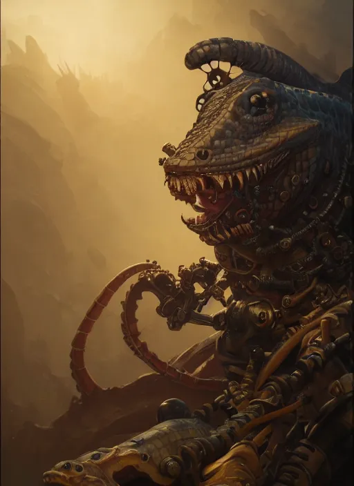 Image similar to subsurface scattering, steampunk lizard paladin, by jesper ejsing, justin gerard, tomasz alen kopera, cgsociety and fenghua zhong, highly detailed, rim light, cinematic lighting, illustration, art, octane render, very coherent, cinematic, hyper realism, high detail, octane render, 8 k