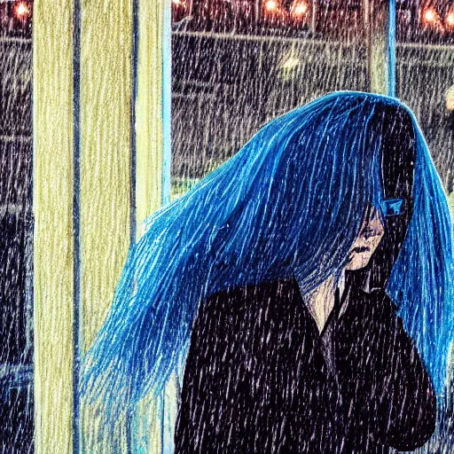 Prompt: highly detailed portrait of a sad figure looking up with shifting shades of blue hair standing in a downpour, bus station, late at night 4k resolution, inspired by Studio Ghibli, bokeh