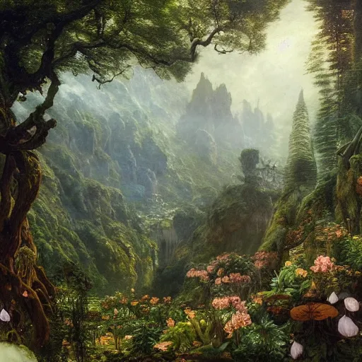 Image similar to a beautiful and highly detailed matte painting of a magical garden of delights in a mystical forest in a dream like valley deep in the misty mountains of avalon, intricate details, epic scale, insanely complex, 8 k, sharp focus, hyperrealism, very realistic, by caspar friedrich, albert bierstadt, james gurney, brian froud,