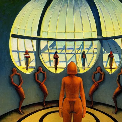 Prompt: three brutalist robotic seers watchers oracles soothsayers inside a dome, pj crook, grant wood, edward hopper, syd mead, oil on canvas