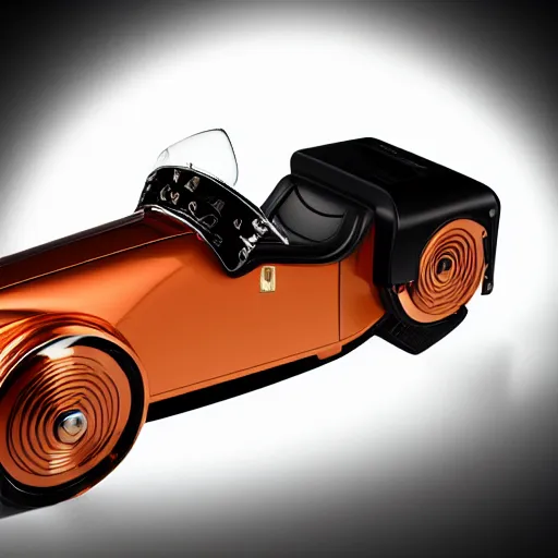 Prompt: award winning product photography, 3 5 mm lens, of a glossy orange metallic and shiny purple metallic shiny ergonomic virtual reality headset in style of a 1 9 3 6 bugatti type 5 7 sc, studio lighting,