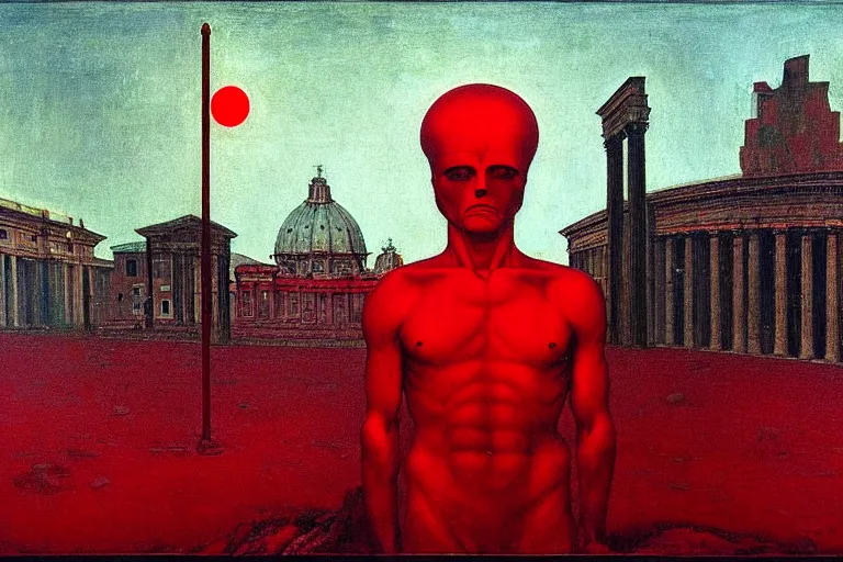 Image similar to only with red, caesar after war, a red tiger, in hoc signo vinces, rome in background, an ancient path, in the style of beksinski, part by hopper, part by rodcenko, part by hofbauer, intricate composition, red by caravaggio, insanely quality, highly detailed, masterpiece, red light, artstation