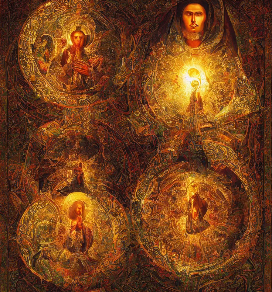 Prompt: orthodox icon of a beautiful elegant dissolving in to light, refractive light, caustics, backlit, incredible lighting, strong rim light, highly detailed, god rays, digital painting, HDRI, by Dan Mumford, vivid colors, high contrast, 8k resolution, intricate, photorealistic, smooth