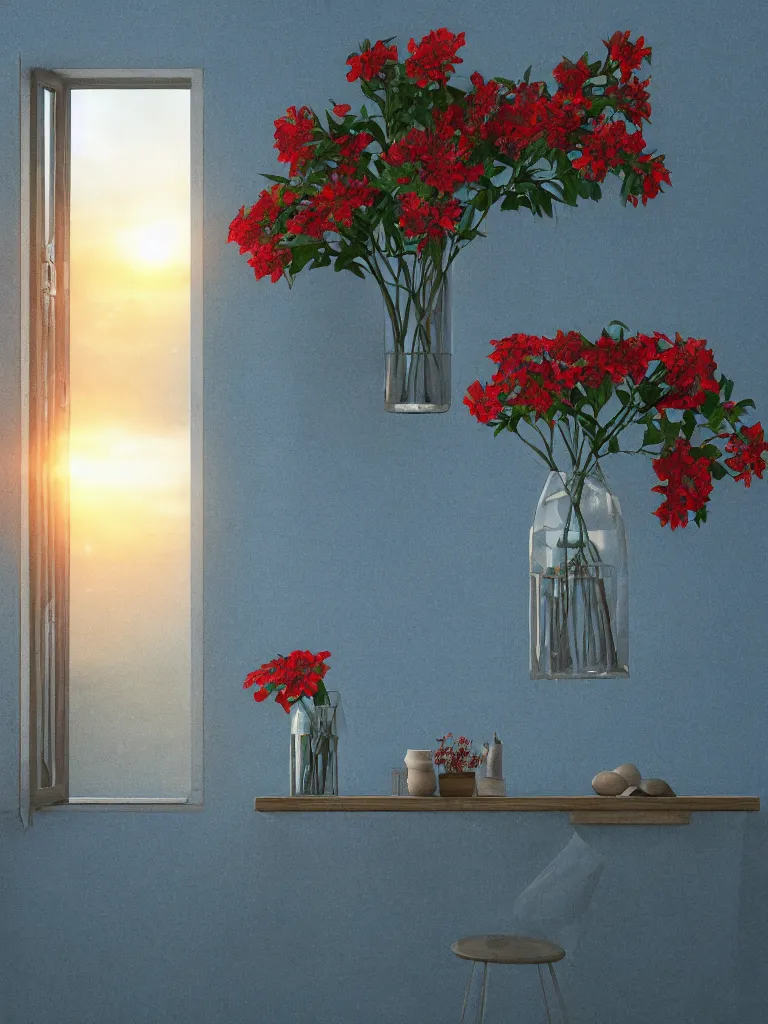 Prompt: a old house window with a vase of red flowers with view to a sunrise, blue wall, a wooden chair near the window, concept art, octane render, unreal engine 5, trending on deviantart, highly detailed, high quality, hd, digital painting, masterpiece, geometric, symmetrical, low contrast, beautiful, serene landscape, high coherence, natural lighting