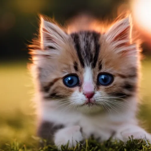 Prompt: an adorable smol fluffy kitten at golden hour, bokeh,