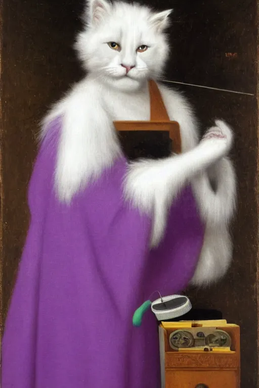 Prompt: a youthful fool in purple robes and a purple jester hat holding a cute fluffy white cat, listening to records on a turntable, oil on canvas, by ambrosius benson