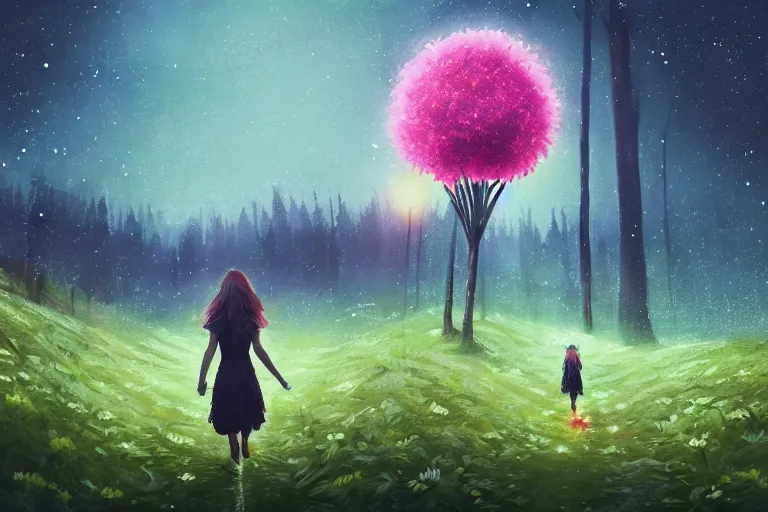 Image similar to giant daisy flower head, girl walking in a moonlit forest, hills, surreal photography, dark night, star trails, dramatic light, impressionist painting, clouds, digital painting, artstation, simon stalenhag