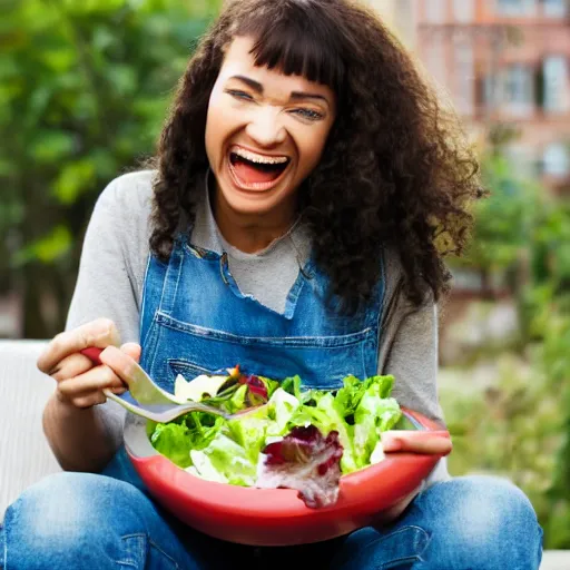 Prompt: Stock photo of woman eating salad with spork and laughing