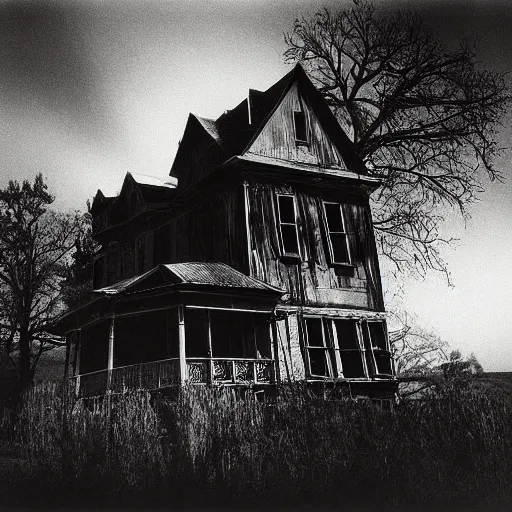 Image similar to a haunted house, photograph, ansel adams