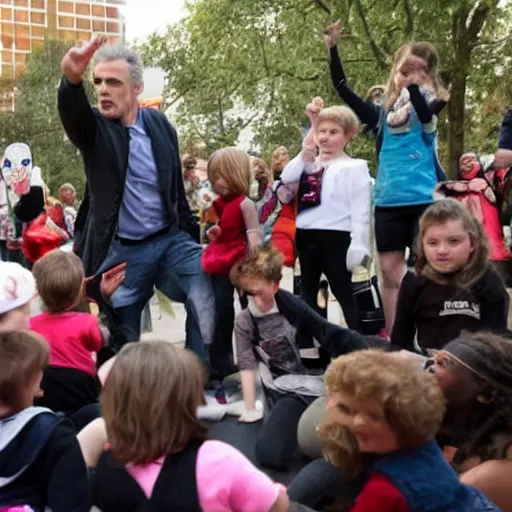 Image similar to jordan peterson lectures a group of toddlers leading to a riot and protest