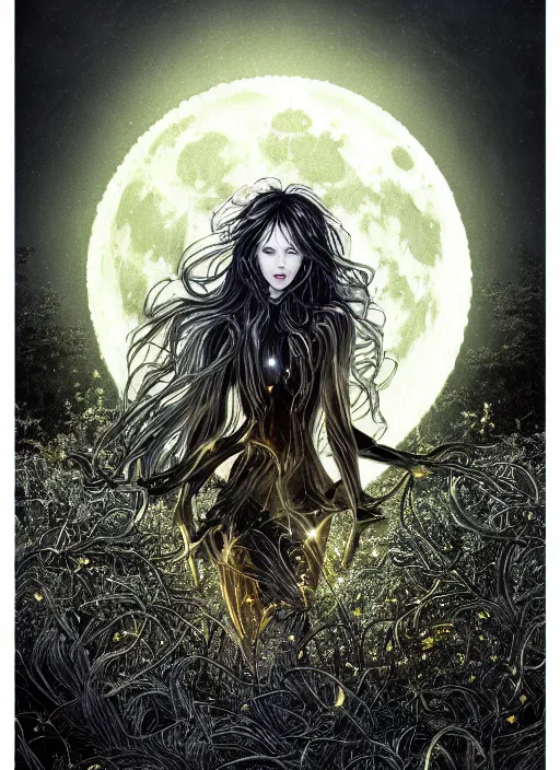 Image similar to glowing silver and golden elements, portrait, A beautiful dark witch in front of the full big moon, book cover, green forest, red white black colors, establishing shot, extremly high detail, foto realistic, cinematic lighting, pen and ink, intricate line drawings, by Yoshitaka Amano, Ruan Jia, Kentaro Miura, Artgerm, post processed, concept art, artstation, matte painting, style by eddie, raphael lacoste, alex ross