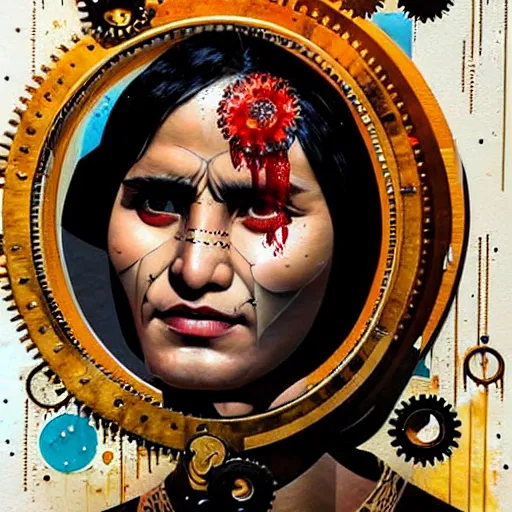 Image similar to portrait of chitral woman :: side profile :: in ocean :: clockwork details :: gold :: blood and horror :: by marvel and Sandra Chevrier