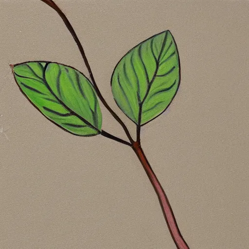 Prompt: detailed painting of a single seedling on loose fresh earth, revealing a few small branches with several leaves. muted colors and natural tones.