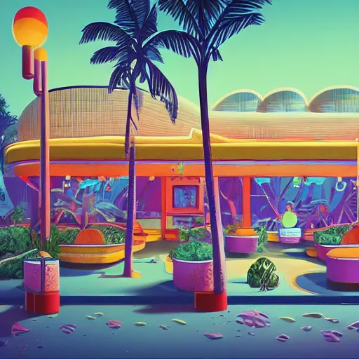 Image similar to inside psychedelic beachfront fast food restaurant with palm trees by simon stalenhag