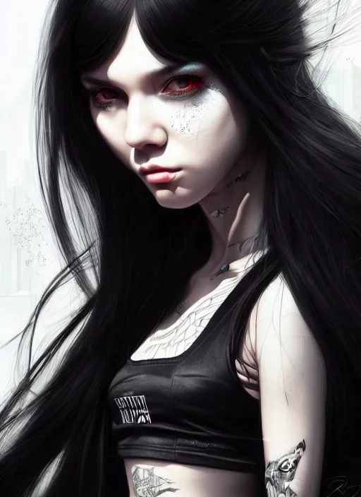 Prompt: portrait of long black hair girl within a streetwear. cynical face, concept art, cyberpunk illustration, intricate, highly detailed 8 k, smooth, matte, sharp focus, rim light, beautiful and aesthetic shape of face and body, artgerm, artstation, art by gharliera and rinotuna and junpei