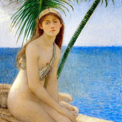 Image similar to a ultradetailed beautiful painting of a girl in the amazonas palace balustrade designed by jules bastien - lepage, hans belmer, frank weston and gustave baumann, beach, trending on artstation, mediterranean, palm trees, refracted color sparkles, sharp focus, soft light, 8 k 4 k