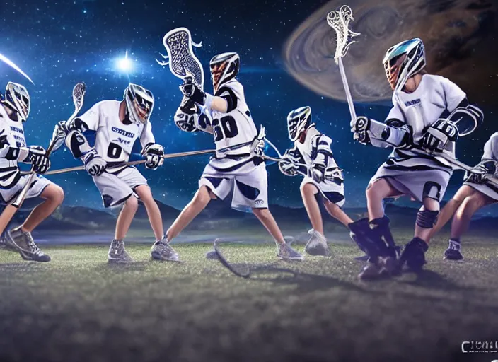 Image similar to lacrosse team, playing intergalactic championship, in space, versus chitauri, highly detailed, 8k, intricate, sony a7r iv 55mm, award winning.