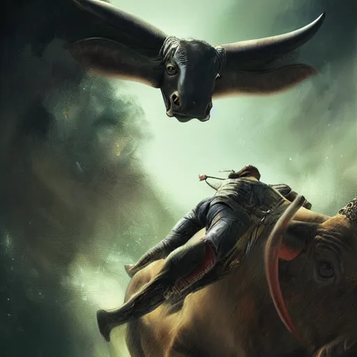 Prompt: andreas gauger, riding a bull, beautiful, sci-fi high fantasy, intricate, elegant, highly detailed, digital painting, artstation, concept art, Ultrarealistic illustration